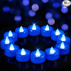 Flameless Candles, 12 Pack Tea Lights Candle Battery Operated, LED Tealight Votives, Realistic Tea Lights for Halloween Christmas Party Decor -D 1.5” x H 1.25” -Blue Light
