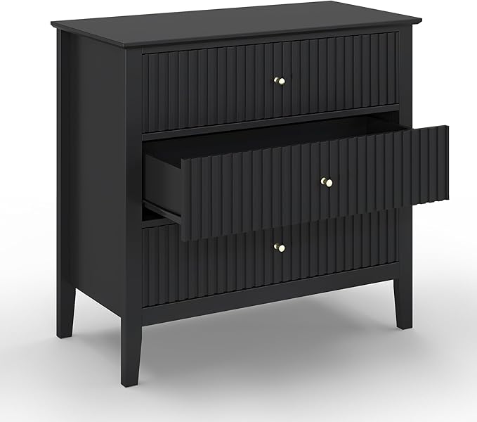Large Black Fluted 3 Drawer Dresser, Modern 30 Inch Tall Wood Side Unit with Ball Bearing Slides, Wide Accent Furniture with Spacious Compartments for Bedroom Hallway Living Room Entryway