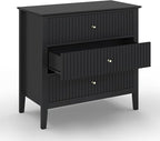 Large Black Fluted 3 Drawer Dresser, Modern 30 Inch Tall Wood Side Unit with Ball Bearing Slides, Wide Accent Furniture with Spacious Compartments for Bedroom Hallway Living Room Entryway