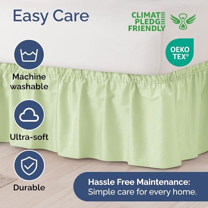 Wrap Around Dust Ruffle Bed Skirt - Light Sage - for King Size Beds w/ 12 Inch Drop - Easy Fit Elastic Strap - Adjustable Pleated Bedskirt w/Brushed Fabric - Wrinkle Free, Women, Men, Kids & Teens