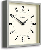 JONES CLOCKS® Box Wall Clock | Retro Square | 10 inch | Gray | Easy to Read Numbers | Perfect Kitchen or Office Clock