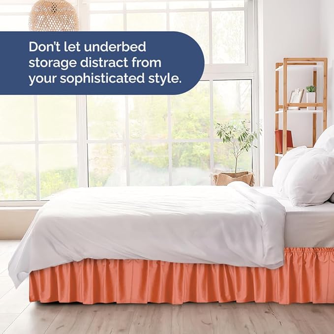 Wrap Around Dust Ruffle Bed Skirt - Coral - for Full Size Beds with 12 Inch Drop - Easy Fit Elastic Strap - Adjustable Pleated Bedskirt w/Brushed Fabric - Wrinkle Free - for Women, Men, Kids & Teens
