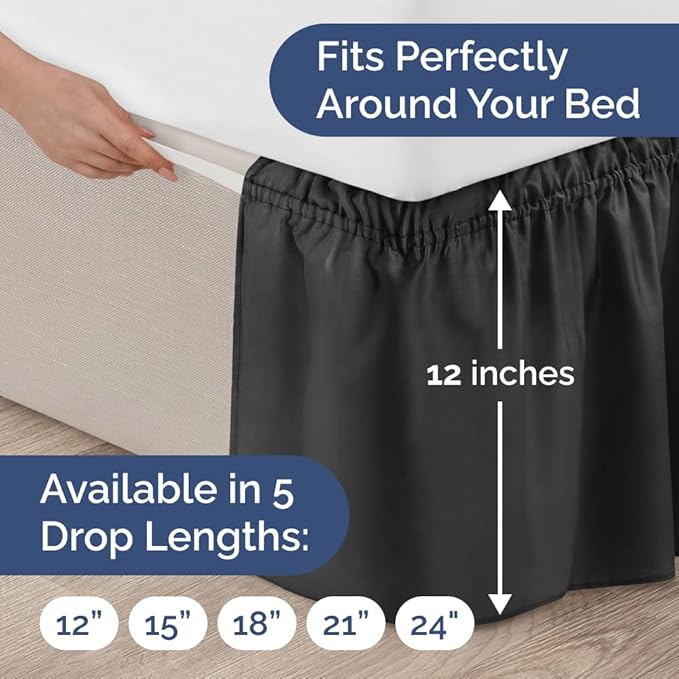 Wrap Around Dust Ruffle Bed Skirt - Black - for Full Size Beds with 12 Inch Drop - Easy Fit Elastic Strap - Adjustable Pleated Bedskirt w/Brushed Fabric - Wrinkle Free - for Women, Men, Kids & Teens