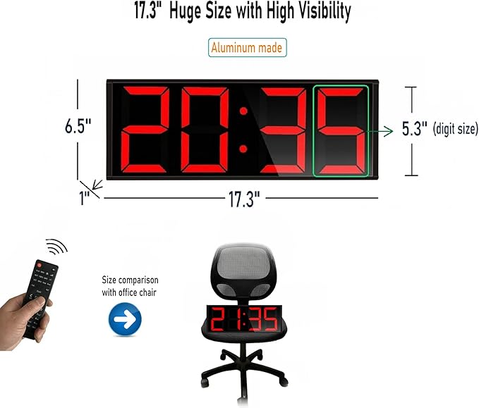 17.3'' Huge Digital Wall Clock, Home Gym Interval Workout Timers, with Countdown, Stopwatch, 7-Color Light, 8-Alarms, Calendar/Temperature Display, for HIIT/Tabata/FGB/EMOM (Red)