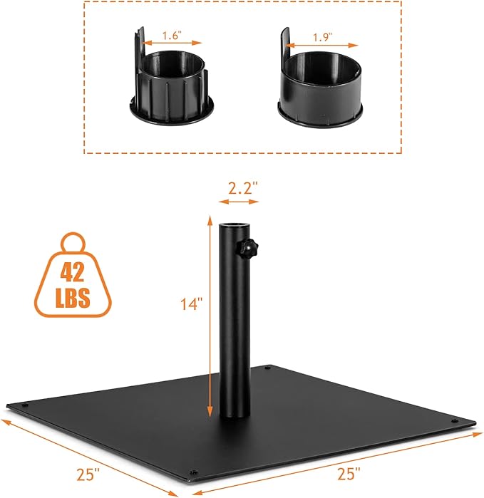 HAPPYGRILL 25" Patio Umbrella Base, 42 LBS Heavy Duty Umbrella Stand, Square Umbrella Base with Non-slip Pads, Tightening Knob & 2 Adapters