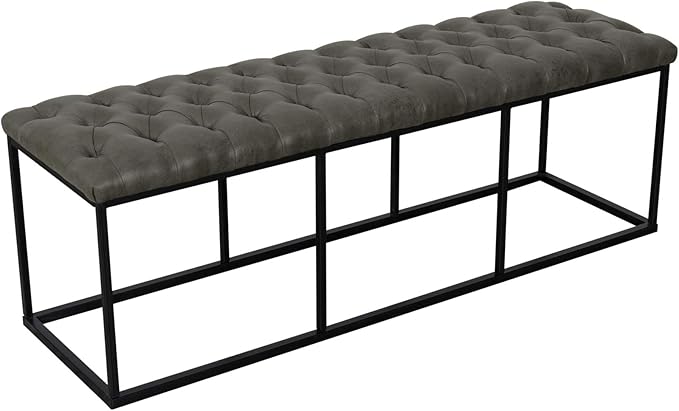 HomePop Upholstered Button Tufted Decorative Bench with Metal Base, Gray Faux Leather