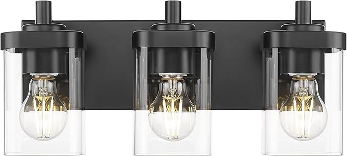 Bathroom Light Fixtures Over Mirror, 3-Light Matte Black Vanity Light with Square Clear Glass Shade, Modern Wall Sconces, Vanity Lighting Fixtures, VL194-MB-3