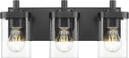 Bathroom Light Fixtures Over Mirror, 3-Light Matte Black Vanity Light with Square Clear Glass Shade, Modern Wall Sconces, Vanity Lighting Fixtures, VL194-MB-3