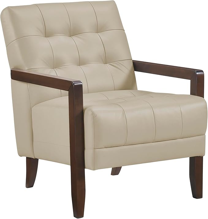 Lexicon Modern Accent Chair, Luxury Genuine Leather Match Living Room Chair With Tufted Cushions, Arm Chair With Solid Wood Frame, Comfy Single Chair For Living Room/Bedroom/Reading Room/Office, Beige