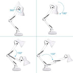 TORCHSTAR Metal Desk Lamp with Clamp, Swing Arm, Architect Adjustable Gooseneck Table Lamp, Clip Desk Lights for Home Office, Work, Study, Reading, E26 Base, Multi-Joint, White