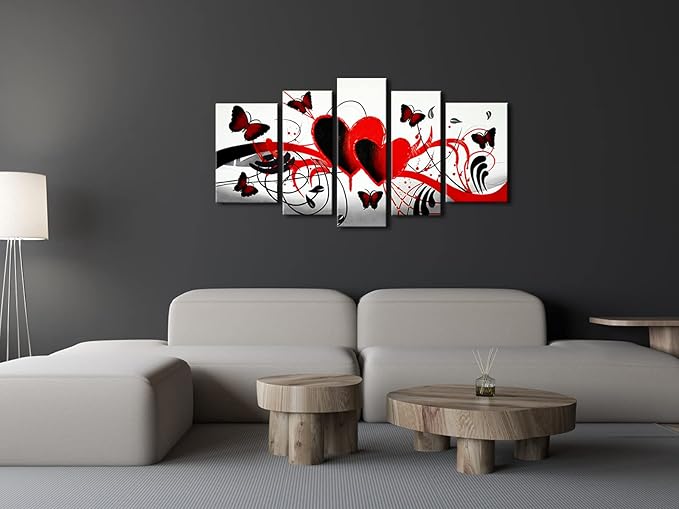 Wieco Art Red Flower Love Butterfly Abstract Oil Paintings on Canvas Wall Art Ready to Hang for Living Room Bedroom Home Decorations Modern 5 Panels Stretched and Framed 100% Hand Painted Artwork