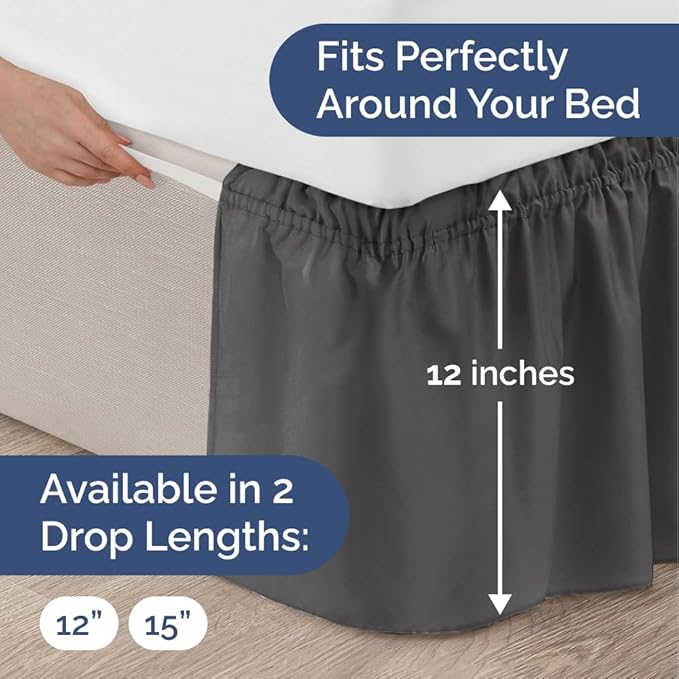 Wrap Around Dust Ruffle Bed Skirt - Charcoal - for Full Size Beds w/ 12 Inch Drop - Easy Fit Elastic Strap - Adjustable Pleated Bedskirt w/Brushed Fabric - Wrinkle Free - for Women, Men, Kids & Teens