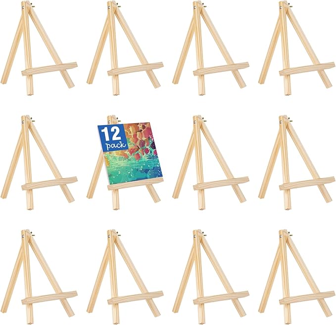 Falling in Art 12 Pack Mini Wooden Display Easels, 10 Inch Tripod Painting Easel Stand, Portable Art Canvas Holder for Photos, Prints and Signs