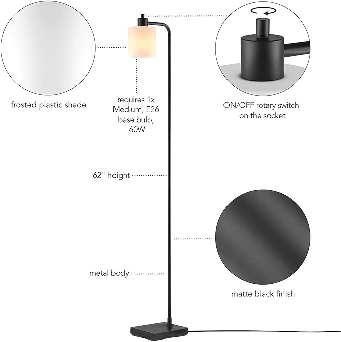 GLOBE Electric 61000144 62" Floor Lamp, Matte Black, Plastic Frosted Shade, On/Off Rotary Switch on Socket, 6-Foot Black Cord, Reading Light, Bedroom, Living Room, Home Decor