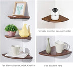 Corner Shelf, Solid Oak Wood Floating Corner Shelf Wall Mount Round End Floating Speaker Shelves with Wire Hole for Small Plant Photo Frame for Bedroom Kitchen, Living Room (Walnut, 7in)