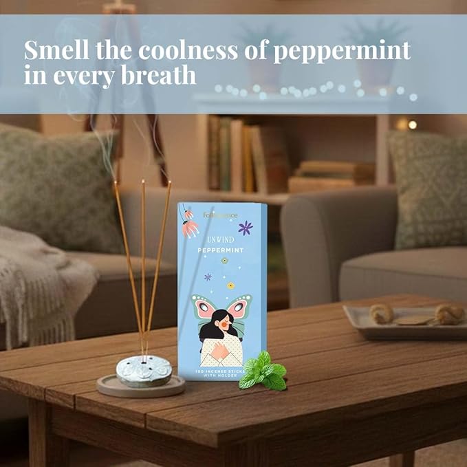 Folkulture Unwind Incense Sticks with Holder (100 Sticks) | Peppermint Incents Stick for Focus,Aromatherapy, Relaxation Gifts for Women | No Charcoal,Organic,Non Toxic, 45 Mins, Slow Burning Insence