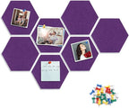 8 Packs Hexagon Felt Pin Board, 12" Bulletin Board with 30 Push Pins, Felt Board for Home Kitchen Office Decor, Self-Adhesive Corkboard Tiles for Walls School Message Photos Memos-Purple