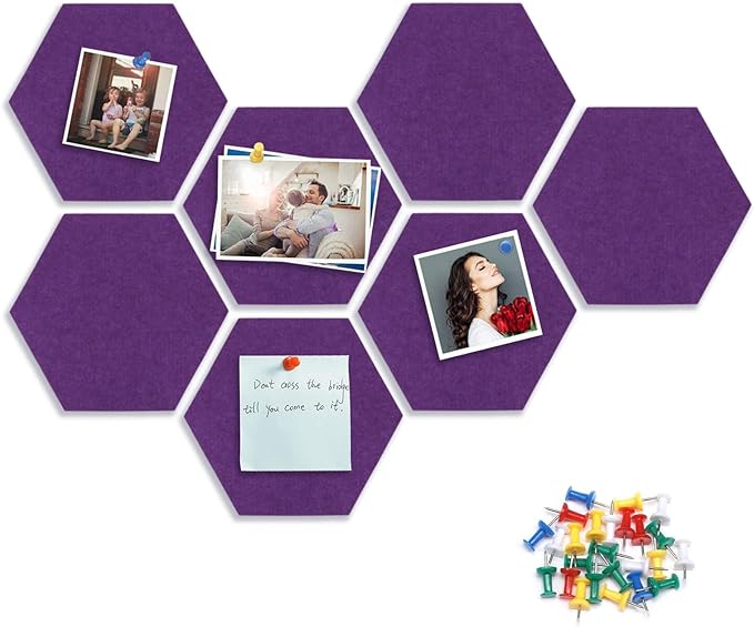 8 Packs Hexagon Felt Pin Board, 12" Bulletin Board with 30 Push Pins, Felt Board for Home Kitchen Office Decor, Self-Adhesive Corkboard Tiles for Walls School Message Photos Memos-Purple