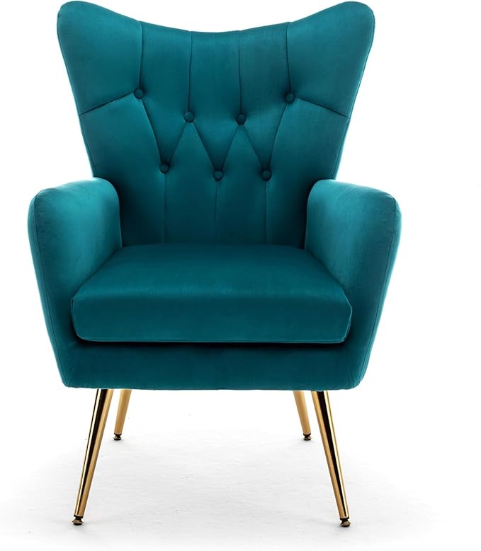 Modern Chic Mid-Century Velvet Accent Armchair for Living Room, Bedroom, or Home Office, Button-Tufted Wingback Design with Gold Flared Legs, Dark Teal