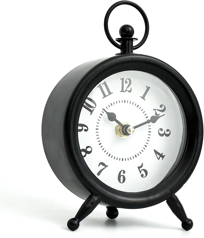 EMAX HOME Small Black Desk and Shelf Clock, 4.7*7.3 Inch Retro Elegant Tabletop Clock with Glass Cover, Silent Non-Ticking Battery Operated Decorative Clock for Living Room, Office, Bedroom, Gift Idea
