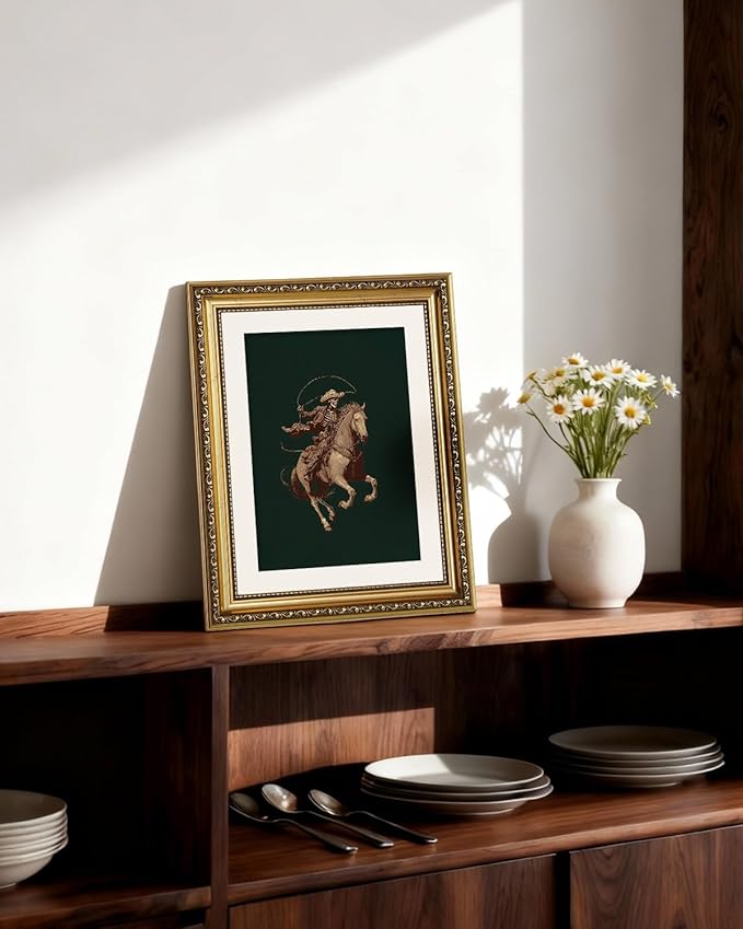 ARPEOTCY Gold Framed Canvas Wall Art, 11x14 Inch Vintage Skeleton Cowboy on Horseback, Rustic Western Cowboy Illustration, Gothic Western Decor for Living Room, Bedroom, or Office