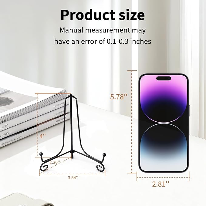 Iron Plate Stands for Display, Foldable Book Holder & Easel Stand for Sign, Versatile Poster Stand and Small Plate Stand for Home Decor, Art, Photo Frame, Card, Crystal Display (Black, 4 inch (4Pcs))
