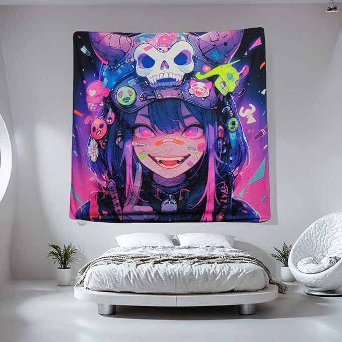 HOUHUANG Hanging paintings, blacklight tapestry, murals, and decorative paintings, fluorescent anime, cartoons, polyester material (59 "x 59") for families, bars, and outdoor parties (Halloween Girl)
