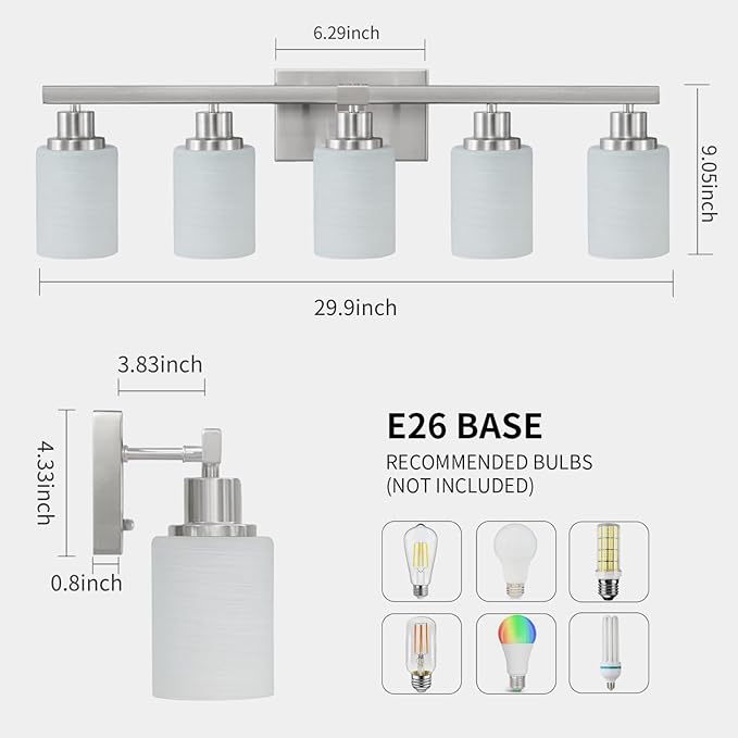 5-Light Bathroom Light Fixtures, 30" Nickel Bathroom Vanity Light with Milky White Glass Shade, Modern Bathroom Wall Lights Over Mirror, Farmhouse Wall Sconces Lighting for Bedroom Living Room