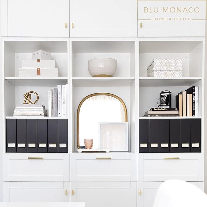 BLU MONACO | Cardboard Magazine File Holder Set of 6 Black | Vertical Magazine File Holder with Gold Label Slots | Standing File Holder and Cardboard Bins for Shelves Desk Storage