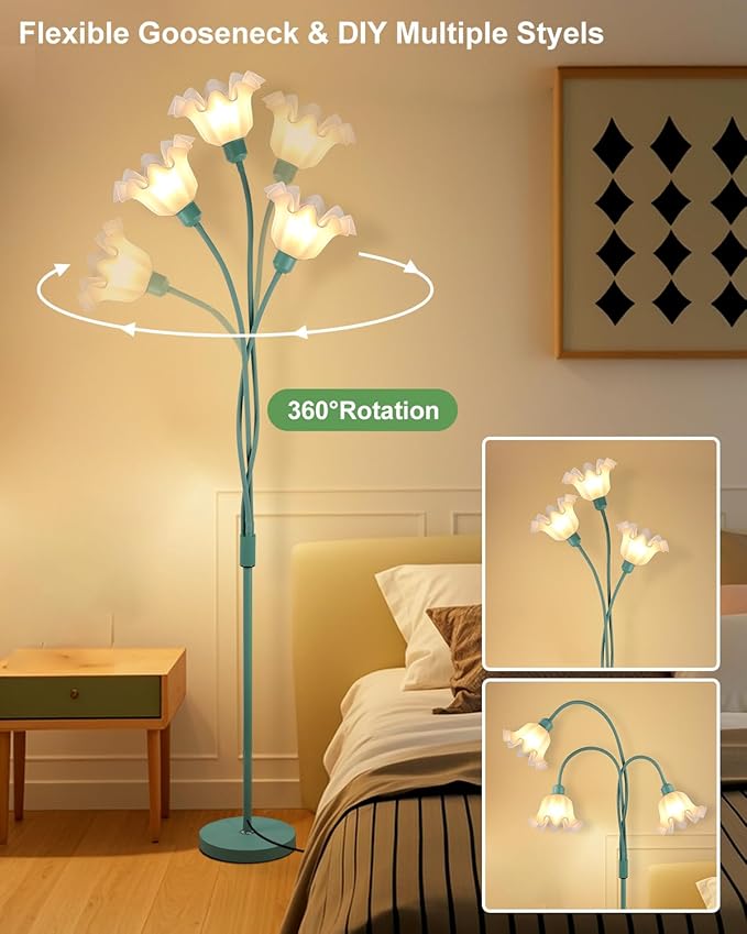 Lightdot Vintage Flower Floor Lamp for Living Room Modern Standing Lamp with DIY Flexible Branch Pole Spring Green Cute Floral Floor Lamps for Girls' Bedroom/Sofa Beside/Corner Decor(Bulbs Included)