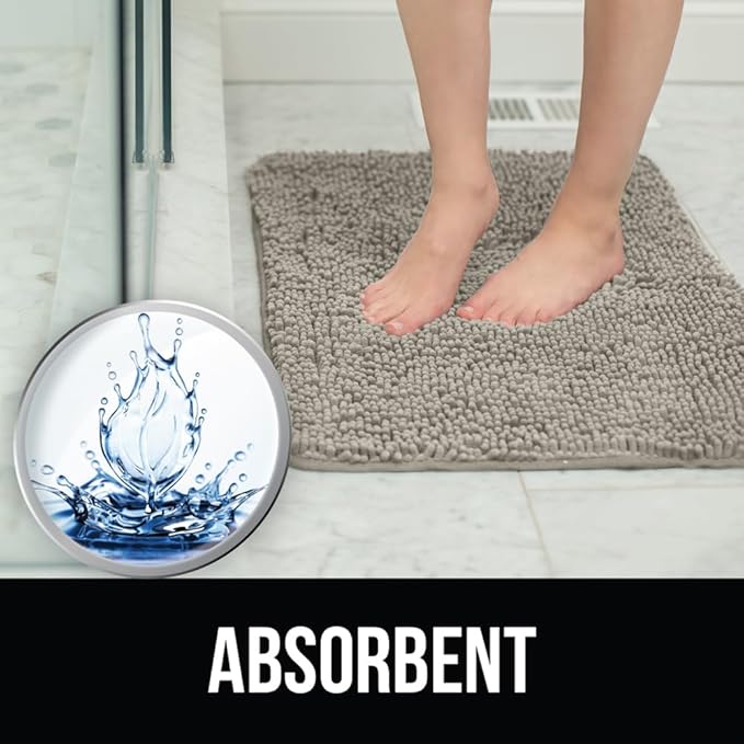 KANGAROO Bathroom Rugs, Chenille Soft Absorbent Bath Rug, Shaggy Shower Mat, Quick Dry Machine Wash Bathmat, Plush Carpet Mats for Tub, Bathtub and Room Home Decor Accessories, 24x17, Beige