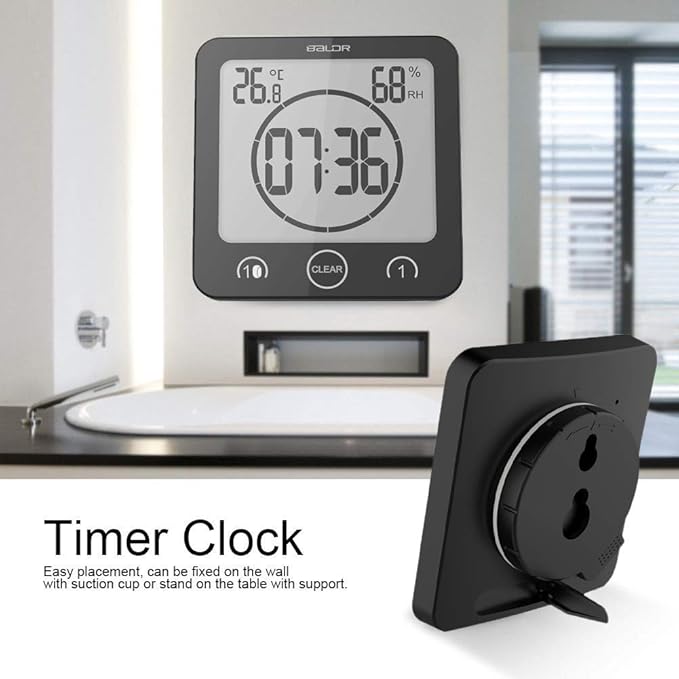 Baldr Digital Bathroom Clocks - 2 Pack Water-Resistant Shower Clock with Timer - Large LCD Display Digital Clock for Shower with Timer, Temperature and Humidity, Wall Clock for Bathroom, Black