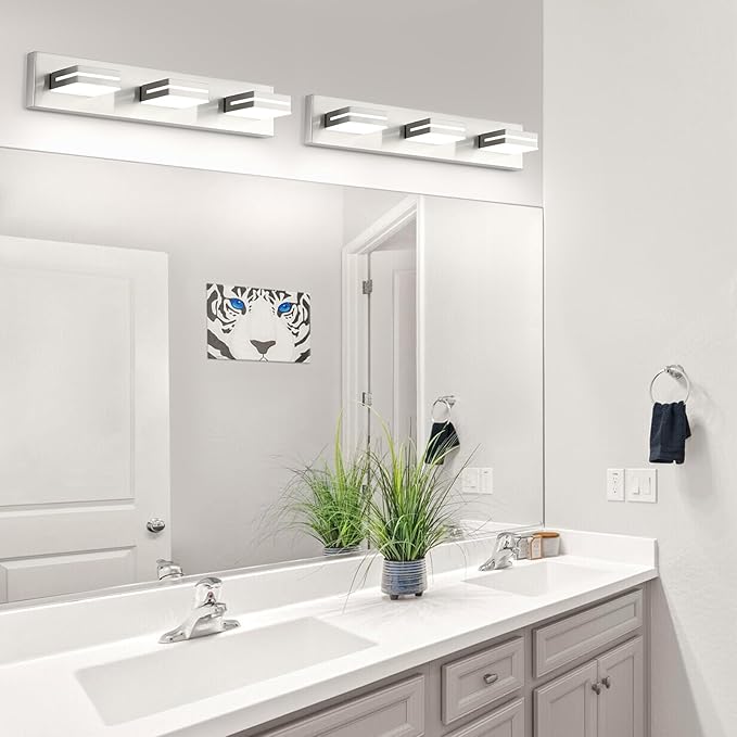 OKELI 3 Light Bathroom Vanity Light Brushed Nickel Modern 24W LED Dimmable Vanity Light Over Mirror 350° Adjustable Lamp Head Cold White 6000K ETL Listed 22Inch
