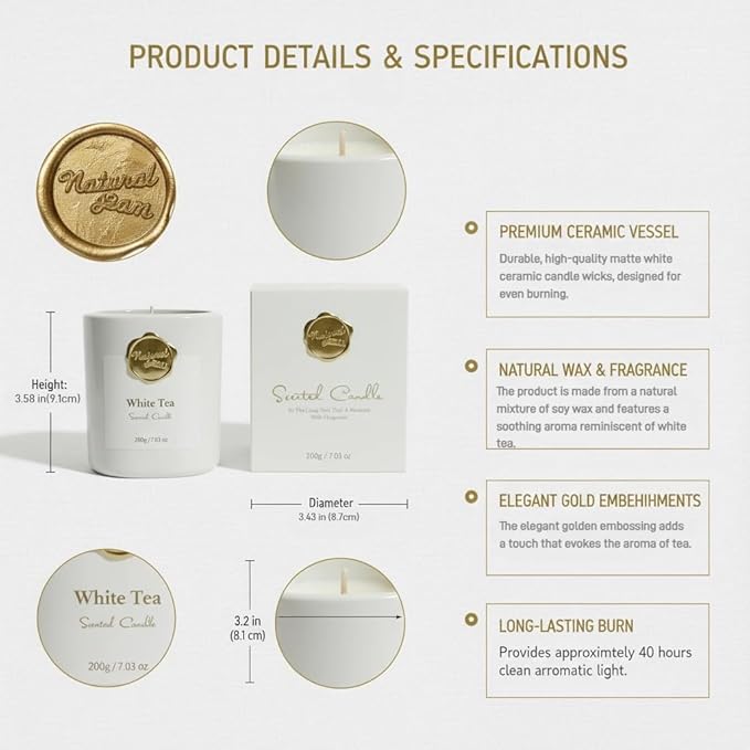 Scented Luxury Candle -Aromatherapy Soy Candles for Relaxation & Sleep - 7 oz - Hand-Cast - Comes with Pure Cotton Wick - Fine Ceramic - Ideal Gift for Both Men and Women. (White, whitetea)