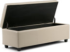 SIMPLIHOME Avalon Storage Ottoman Bench - 48 inch Wide Upholstered Vegan Leather Rectangular Lift-Top Ottoman in Satin Cream, Contemporary Storage Bench for Living Room with High-Density Foam