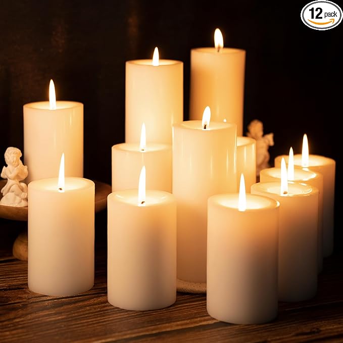 Ivory Pillar Candles – 2.8x4 Unscented Candle Set of 12 – Dripless, Smokeless, and Clean Burning Household Large Decorative Table Candles – Perfect for Weddings, Parties, Dinners