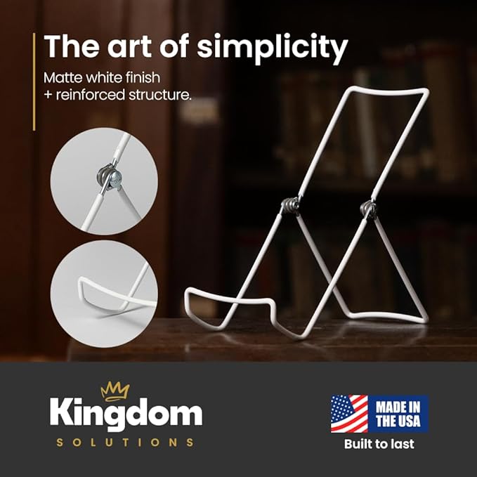 KINGDOM SOLUTIONS MADE IN USA 2-Pack Adjustable White Metal Easels - Book Stand - Sturdy Plate Stand for Art, Pictures, Books, Frames - Unique on the Market
