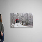 CANVAS ON DEMAND Red Covered Bridge in the Winter; Adamsville Quebec Canada Canvas Wall Art Print by David Chapman, Home Decor, Frost, Winter Artwork, 48"x32"