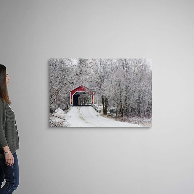CANVAS ON DEMAND Red Covered Bridge in the Winter; Adamsville Quebec Canada Canvas Wall Art Print by David Chapman, Home Decor, Frost, Winter Artwork, 48"x32"