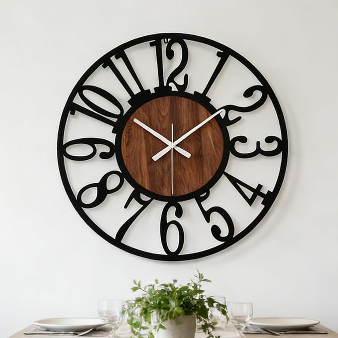 40 Inch Giant Oversized Industrial Wood Wall Clock with Iron Frame & Artful Cutout Numerals, Silent Battery Operated, Grand Statement Piece for Farmhouse Foyers Offices Commercial Home Décor