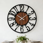 24 Inch Industrial Modern Vintage Wood Wall Clock with Iron Frame & Artful Cutout Numerals, Silent Non Ticking Battery Operated, Decorative for Farmhouse Living Room Home Décor Products