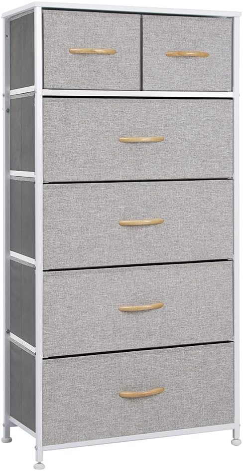 Crestlive Products Vertical Dresser Storage Tower - Sturdy Steel Frame, Wood Top, Easy Pull Fabric Bins, Wood Handles - Organizer Unit for Bedroom, Hallway, Entryway, Closets - 6 Drawers (Light Grey)
