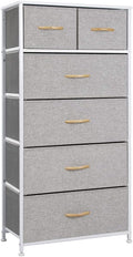 Crestlive Products Vertical Dresser Storage Tower - Sturdy Steel Frame, Wood Top, Easy Pull Fabric Bins, Wood Handles - Organizer Unit for Bedroom, Hallway, Entryway, Closets - 6 Drawers (Light Grey)