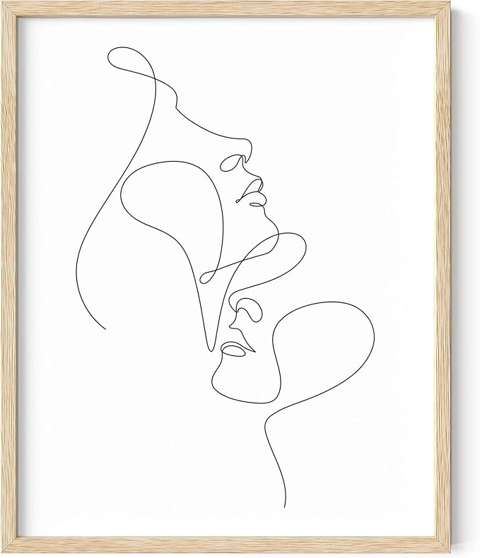Minimalist Face to Face Wall Art Two Portraits Continuous Line Drawing 16x20 Inch Oak Wood Beige Framed Modern Aesthetic Profile Print for Bedroom Decor