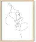 Minimalist Face to Face Wall Art Two Portraits Continuous Line Drawing 16x20 Inch Oak Wood Beige Framed Modern Aesthetic Profile Print for Bedroom Decor