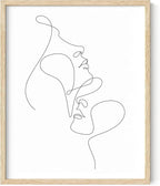 Minimalist Face to Face Wall Art Two Portraits Continuous Line Drawing 16x20 Inch Oak Wood Beige Framed Modern Aesthetic Profile Print for Bedroom Decor