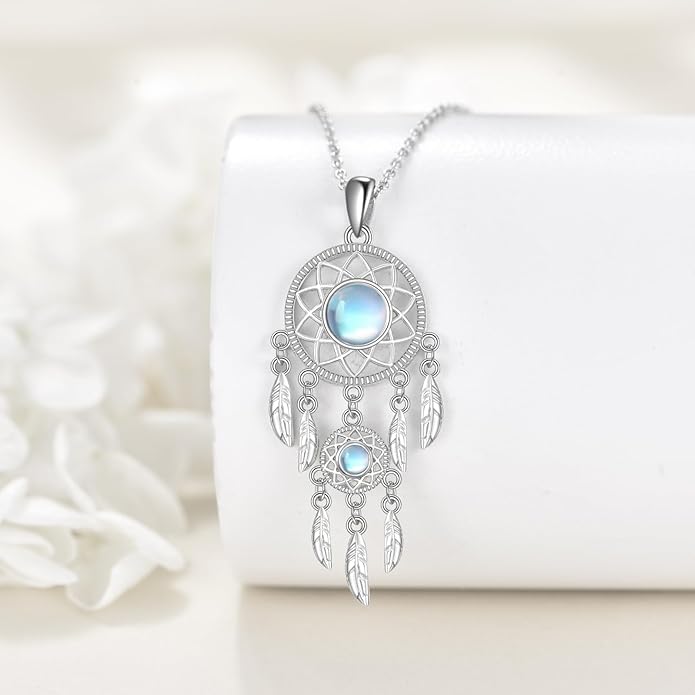 Dream Catcher Necklace Sterling Silver Moonstone Tree of Life Necklace for Women Dream Catcher Jewelry Gifts