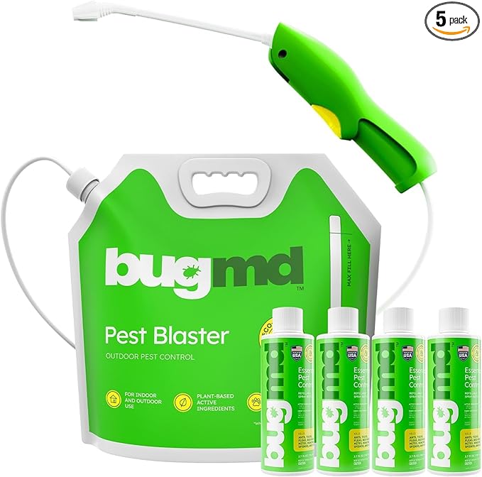 BugMD Pest Blaster Kit - Rechargeable Power Sprayer (Batteries Included), 4-Pack Pest Control Essential Oil Concentrates for Indoor & Outdoor Use - Plant-Powered Ant, Roach, Spider & Insect Killer