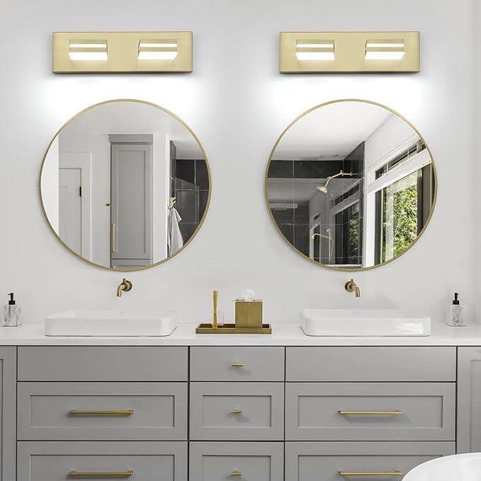 OKELI 2 Lights Bathroom Vanity Light Fixtures Gold LED Dimmable Vanity Light Over Mirror Modern Wall Mounted Lighting Fixture, 350° Rotatable Lamp Head 24W Cold White 6000K ETL Listed