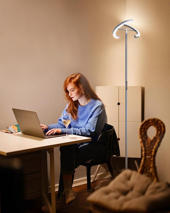 Silver Floor Lamps for Living Room, Stepless Dimmable Standing Lamp with Touch Remote Control, 22W Rotatable LED Floor Light Tall Uplighter for Bedroom Office, 69'' Modern Room Light